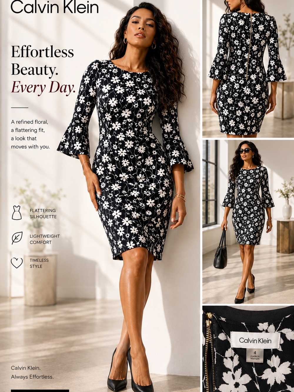 Calvin Klein Black and White Floral Midi Dress size 4